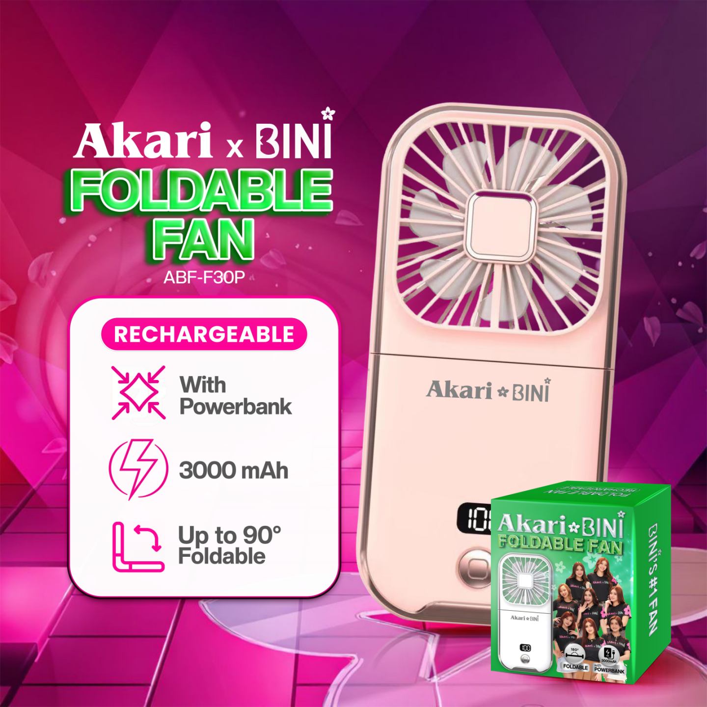 AkarixBini : Akari Rechargeable Foldable Fan (ABF-F30P) Pink with free LED USB Charger (ASK-001W)