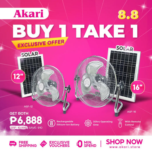 Akari Buy 1 Get 1 : 16" & 12" Solar Rechargeable Fan