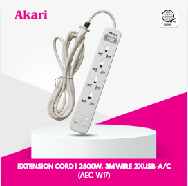 Akari Extension Cord I 2500W, 3M Wire 2xUSB-A/C (AEC-W17)