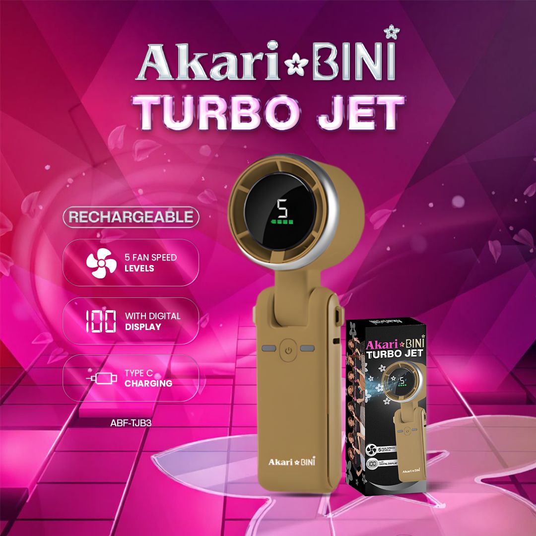 Rechargeable Turbo Jet Fan Toffee Brown by AkarixBINI for travel, commute, and emergencies front view buy1take1, front view