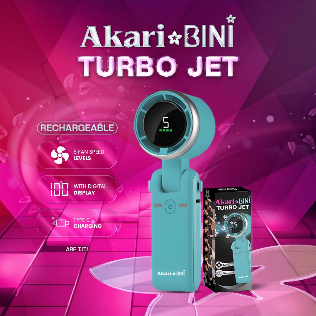 Rechargeable Turbo Jet Fan Turquoise by AkarixBINI for travel, commute, and emergencies front view buy1take1, front view