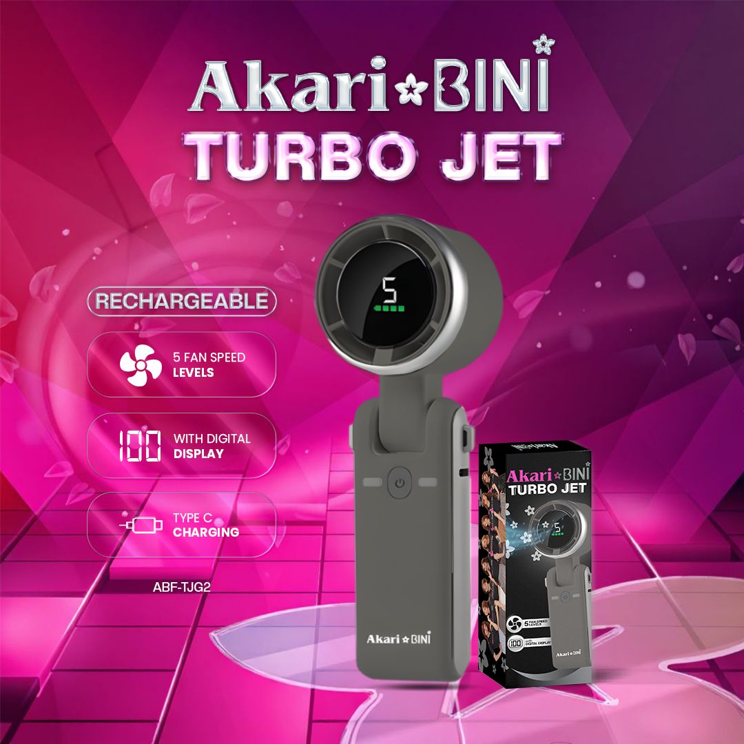 Rechargeable Turbo Jet Fan Charcoal Grey by AkarixBINI for travel, commute, and emergencies front view buy1take1, front view