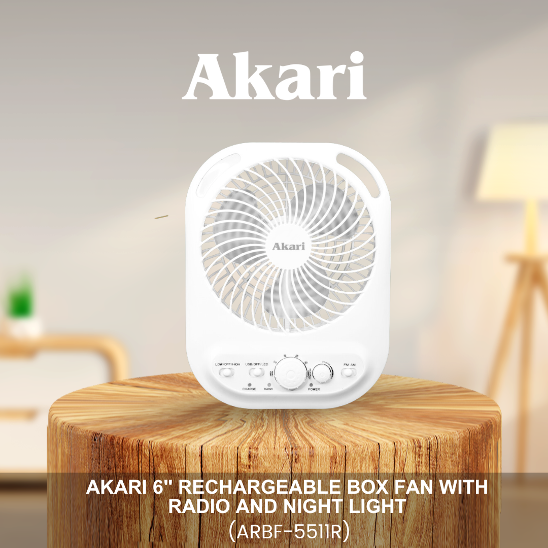 Akari 6" Rechargeable Box Fan with Radio and Night Light (ARBF-5511R)
