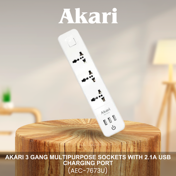 Akari 3 Gang Multipurpose Sockets with  2.1A USB Charging Port (AEC-7673U)