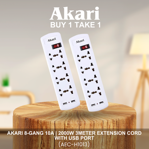 Akari B1T1 : 8-Gang 10A | 2000W 3Meter Extension Cord  with USB Port (AEC-H1013)