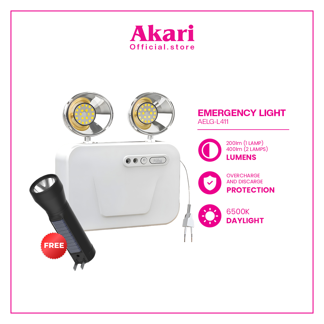 Akari Emergency Light 1.5W Rechargeable LED Backup Light (AELG-L411) + Free Flashlight (ARFL-8901)
