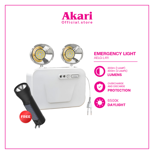 Akari Emergency Light 1.5W Rechargeable LED Backup Light (AELG-L411) + Free Flashlight (ARFL-8901)