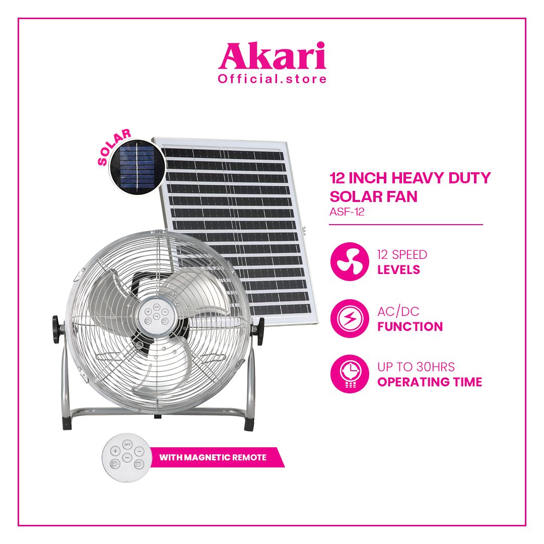 Akari 12" Solar Rechargeable Fan  NEW VERSION (ASF-12)