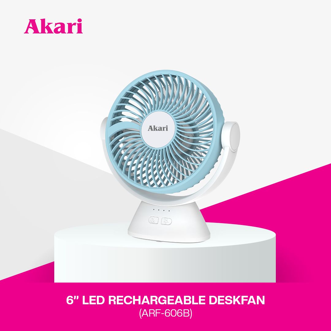 Akari 6" Rechargeable Desk Fan with LED Night Light & 3-Speed Settings (ARF-606)