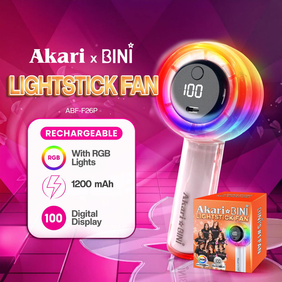 Akari x BINI Lightstick Fan ABF-F26P Pink | RGB Rechargeable Handheld ...