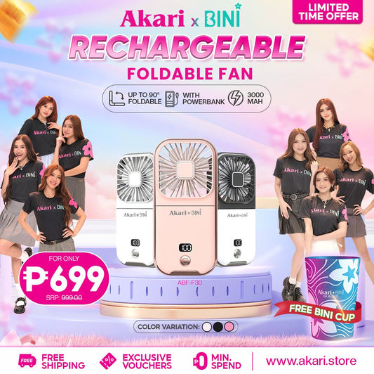 AkarixBini : Akari Rechargeable Foldable Fan (ABF-F30BK) with free BINI CUP