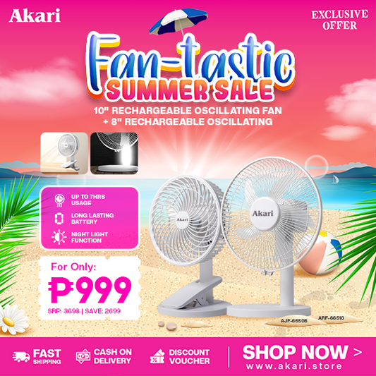 BUY 1 GET 1 : Akari 10" Rechargeable Oscillating Fan( ARF-66510 ) +  8" Rechargeable Oscillating Clip Fan ( AJF-66508 )