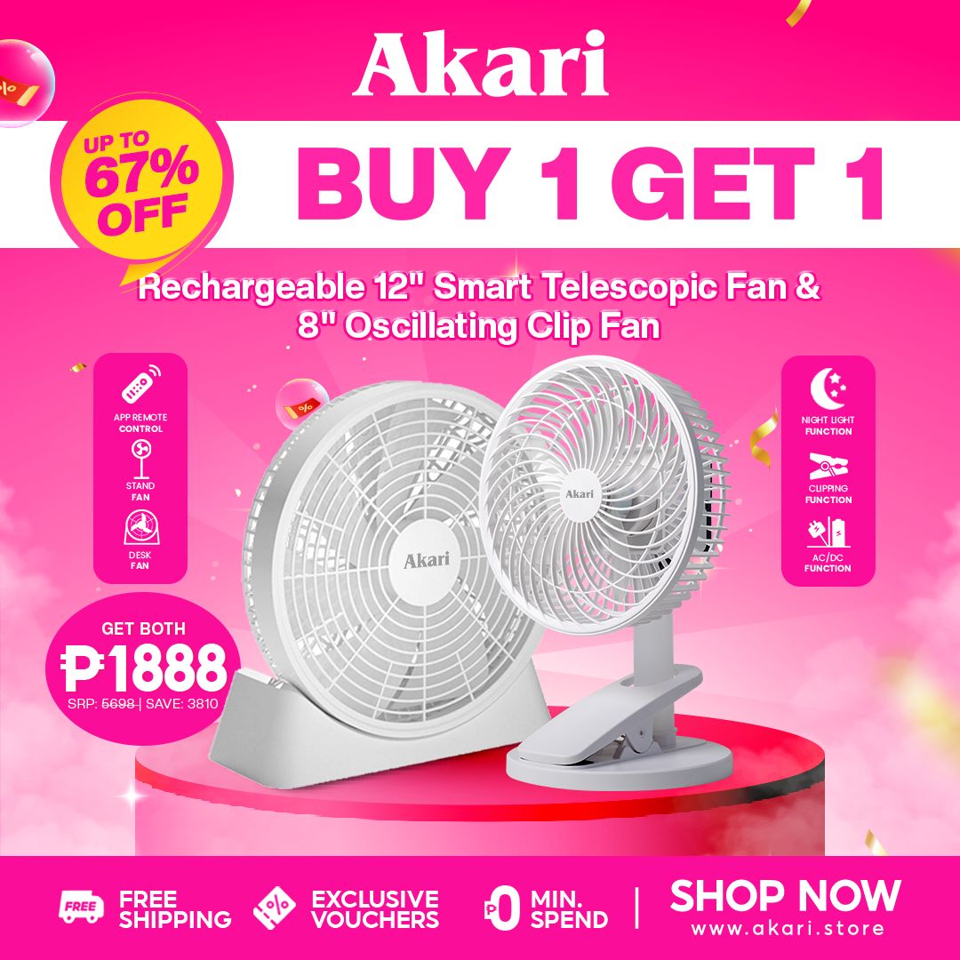 Akari B1G1 : 12" Smart Rechargeable Telescopic Fan (ARF-1203) + 8" Rechargeable Oscillating Clip Fan ( AJF-66508 )