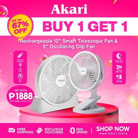 Akari B1G1 : 12" Smart Rechargeable Telescopic Fan (ARF-1203) + 8" Rechargeable Oscillating Clip Fan ( AJF-66508 )