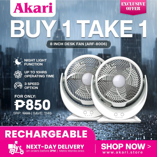 Akari B1T1  8" Rechargeable Desk fan (ARF-8006)