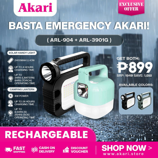 AKARI B1G1 : Solar Handy Light Rechargeable Lantern (ARL-9404F) + Rechargeable Camping Lantern (ARL-3901G )