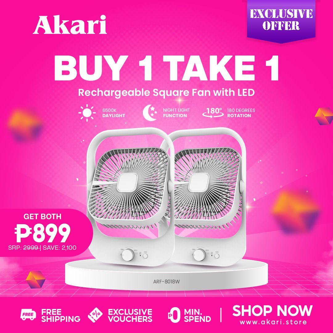 Akari B1T1 : 8" Rechargeable Square Fan with LED Light (ARF-8018)