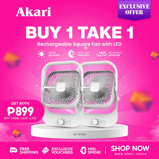 Akari B1T1 : 8" Rechargeable Square Fan with LED Light (ARF-8018)
