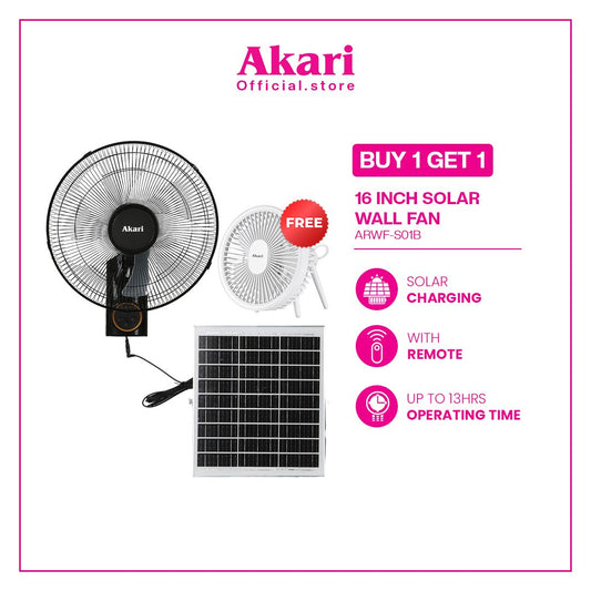 Akari 16" Rechargeable Solar Wall Fan (ARWF-S01B) with freebies