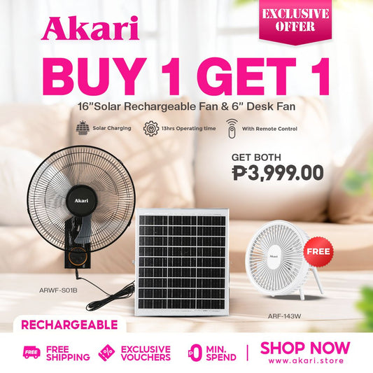 Akari 16" Rechargeable Solar Wall Fan (ARWF-S01B) with freebies
