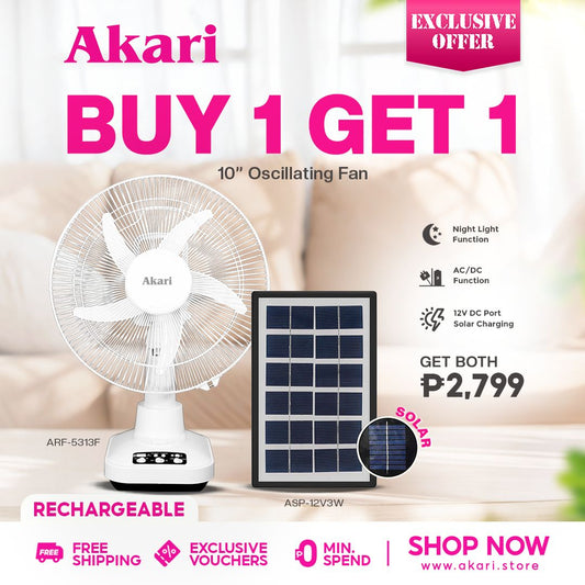 Akari B1G1 :  12-inch Rechargeable Oscillating Fan (ARF-5313F) + Akari Mini Solar Panel (ASP-12V3W)