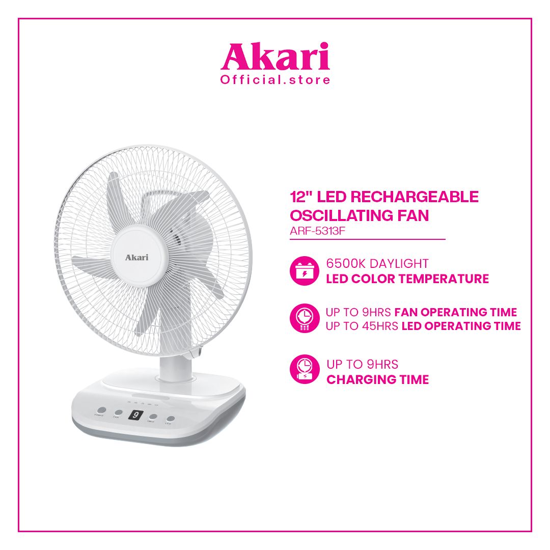 Akari 12-inch Rechargeable Oscillating Fan (ARF-5313F)
