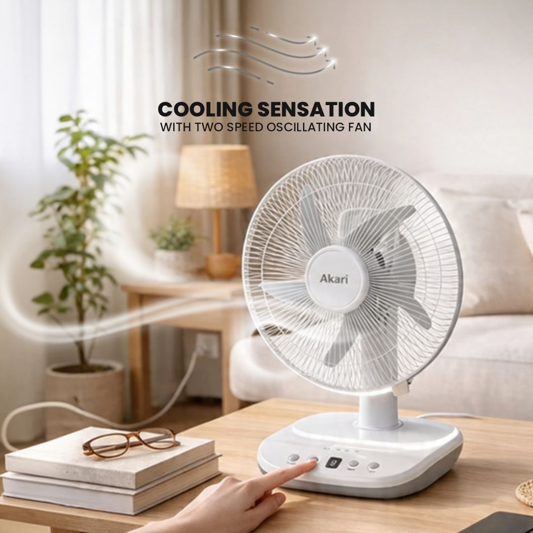 Akari 12-inch Rechargeable Oscillating Fan (ARF-5313F) NEW VERSION + Akari Solar Panel 5W (ASP-9V5W)