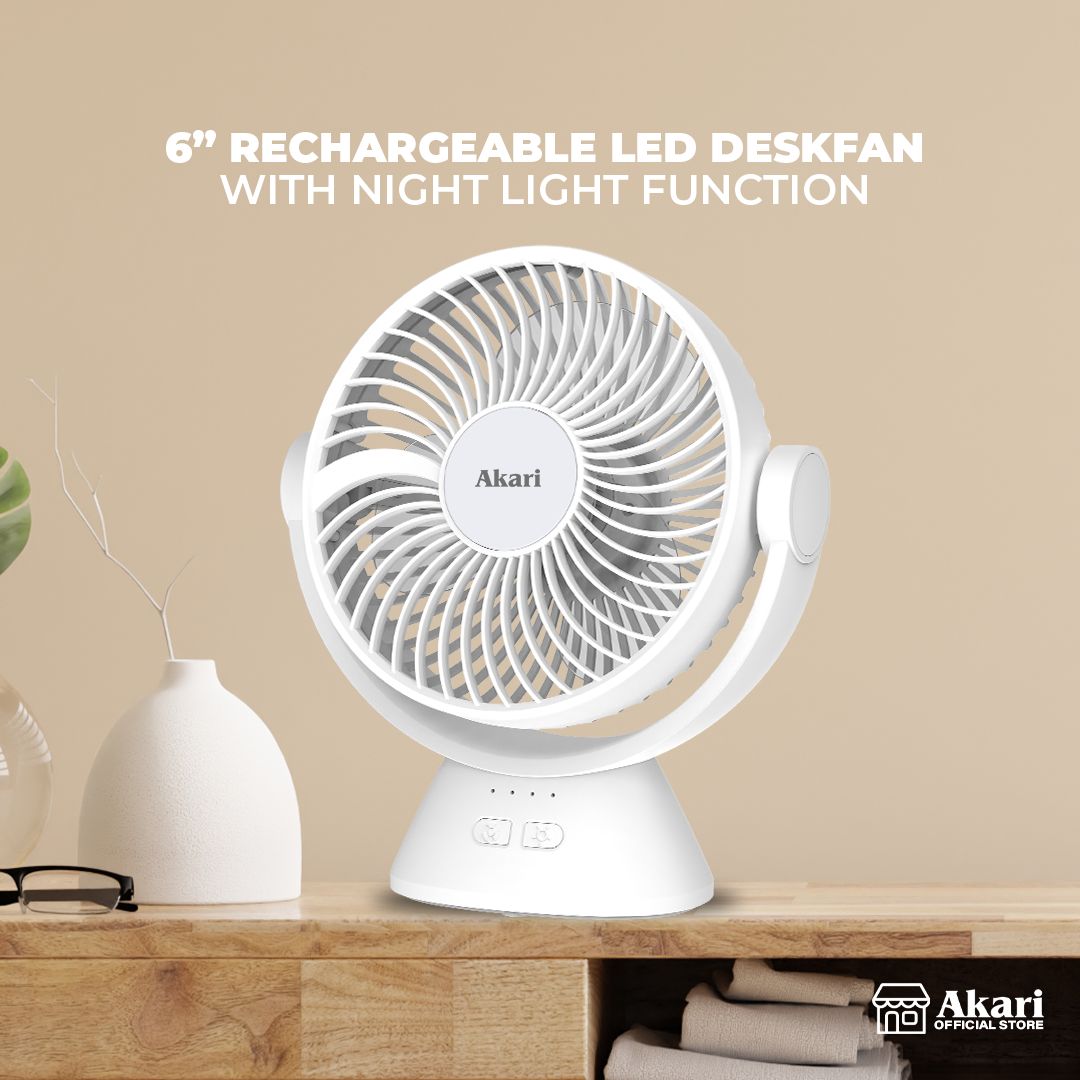 Akari 6" B1T1 Rechargeable Desk Fan with LED Night Light & 3-Speed Settings (ARF-606)