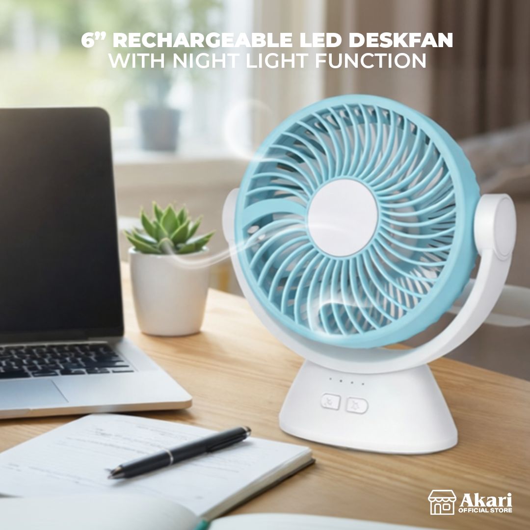 Akari 6" B1T1 Rechargeable Desk Fan with LED Night Light & 3-Speed Settings (ARF-606)