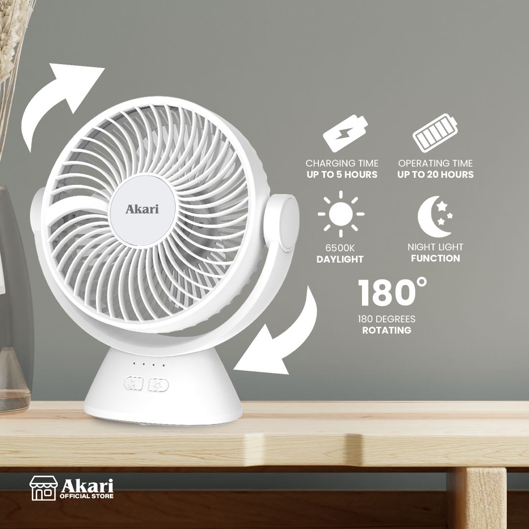 Akari 6" B1T1 Rechargeable Desk Fan with LED Night Light & 3-Speed Settings (ARF-606)