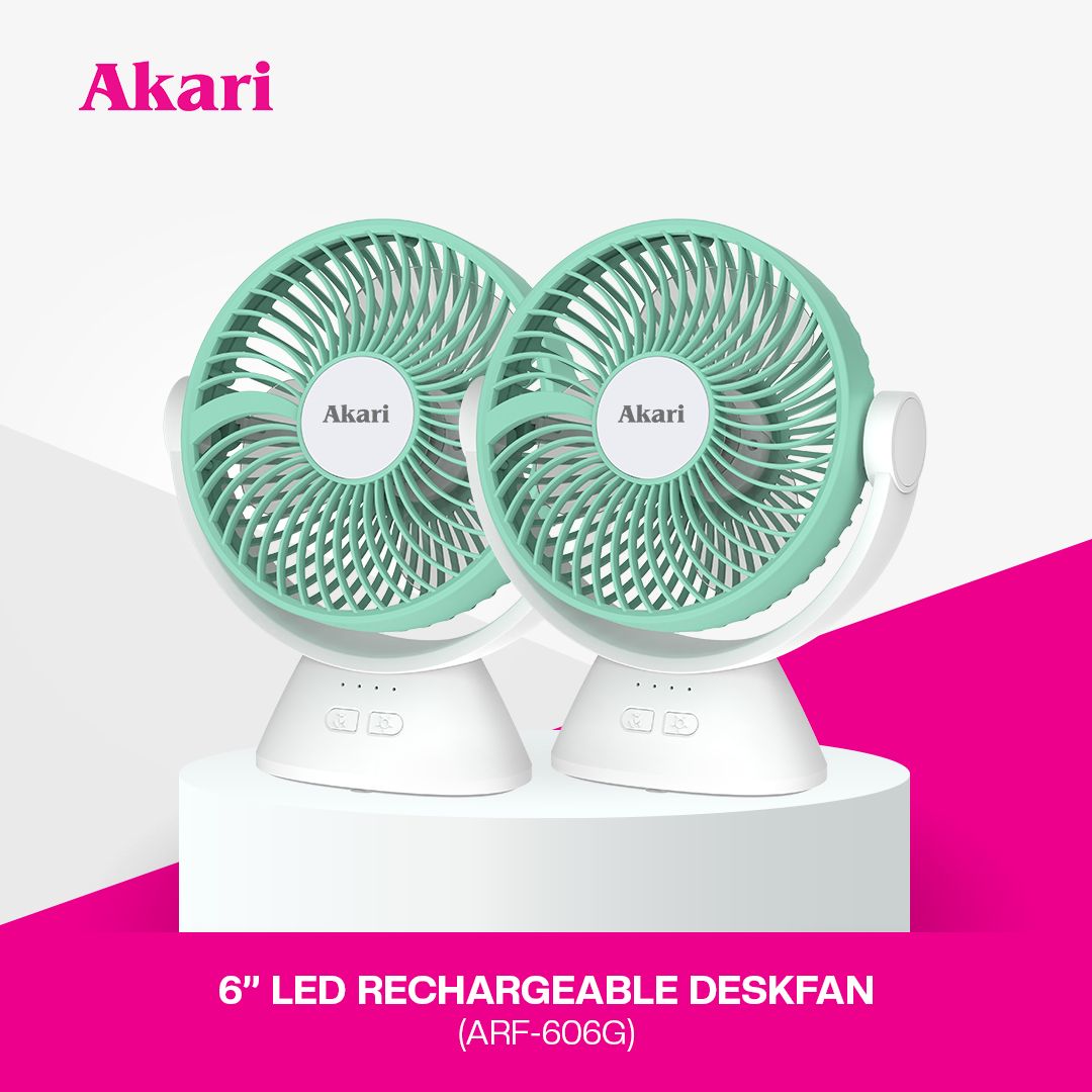Akari 6" B1T1 Rechargeable Desk Fan with LED Night Light & 3-Speed Settings (ARF-606)