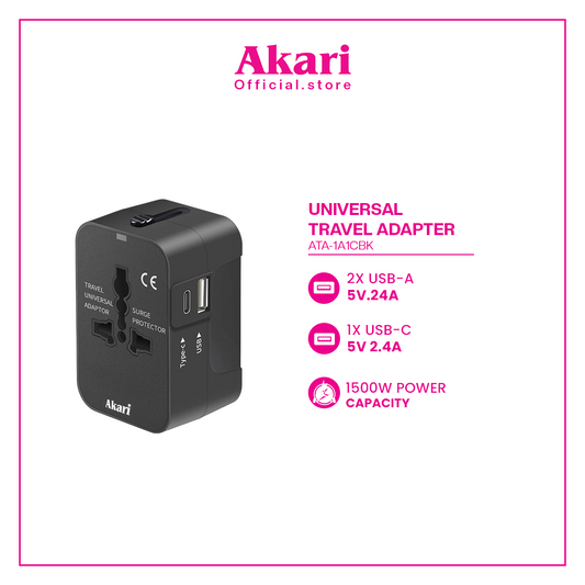 Akari Universal Travel Adapter with 1 USB A + 1 Type C (ATA-1A1CBK)