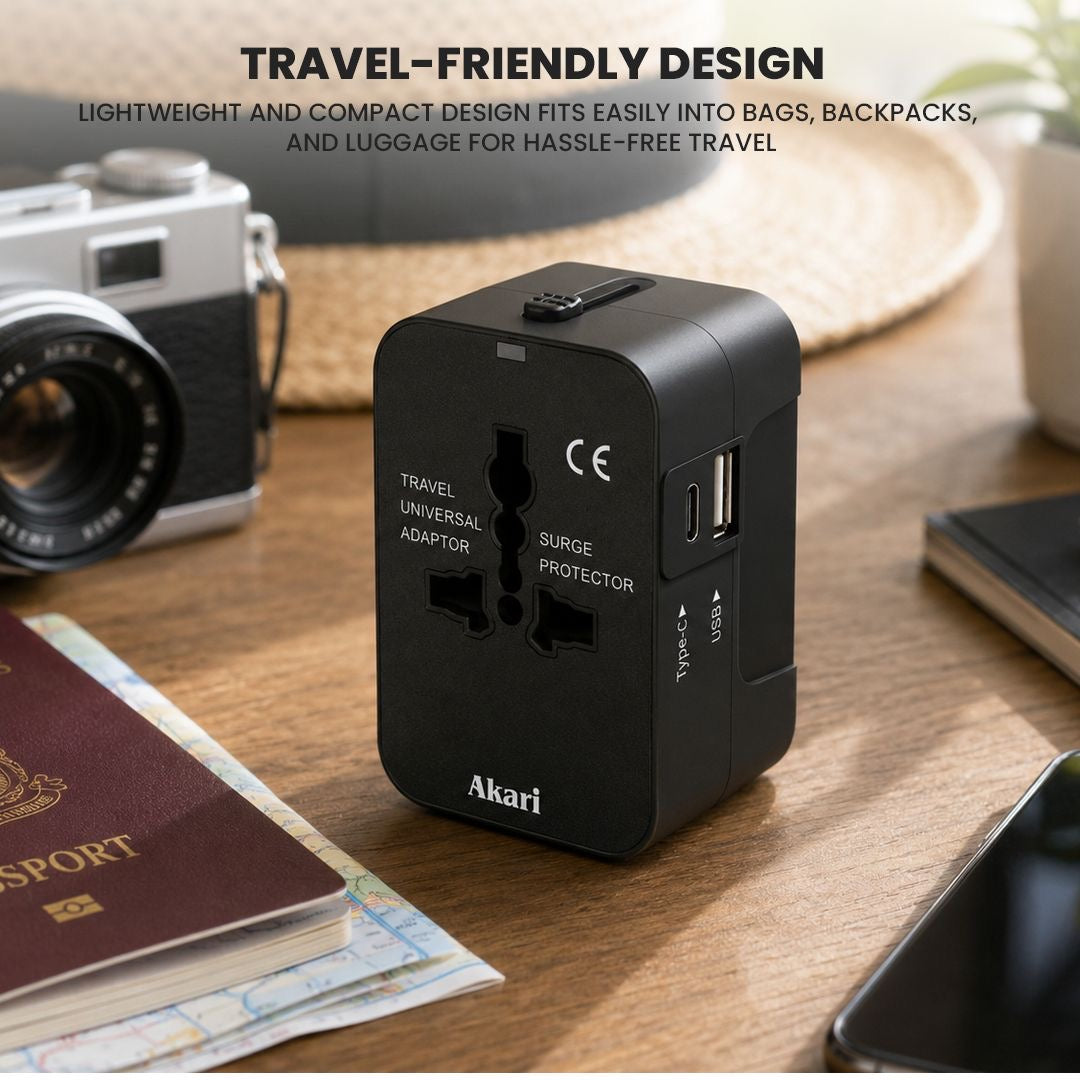 Akari Universal Travel Adapter ATA-1A1CBK | USB-A + USB-C Travel Adapter