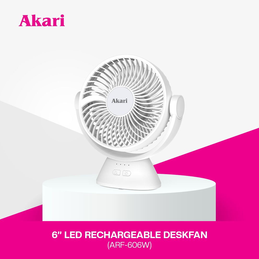 Akari 6" Rechargeable Desk Fan with LED Night Light & 3-Speed Settings (ARF-606)