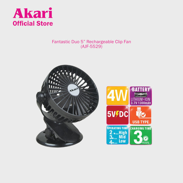 Akari Fantastic 2PCS Duo 5” Rechargeable Clip Fan ( AJF-5529 )