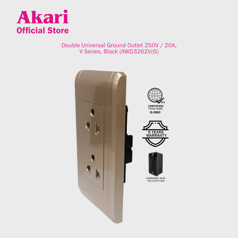 Akari Double Universal Ground Outlet 250V / 20A, V Series, Gold (AWD3262V(G)