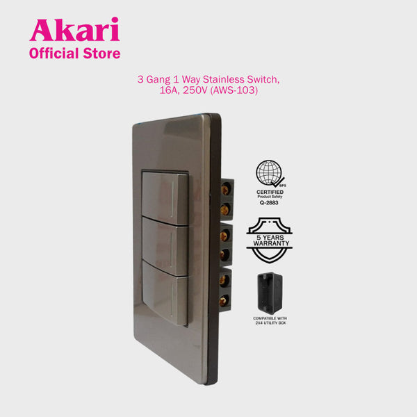 Akari 3 Gang 1 Way Steel Switch (AWS-103)