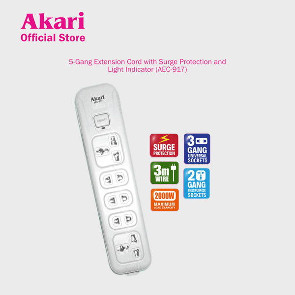 Akari 5-Gang Extension Cord with Surge Protection and Light Indicator (AEC-917)