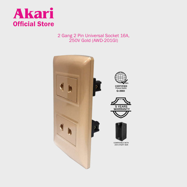 Akari 2 Gang 2 Pin Universal Socket - Gold (AWD-201GI)