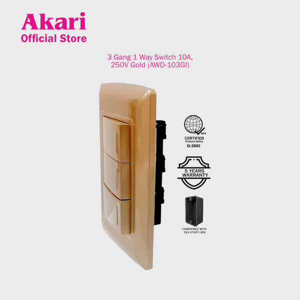 Akari 3 Gang 1 Way Switch - Gold (AWD-103GI)