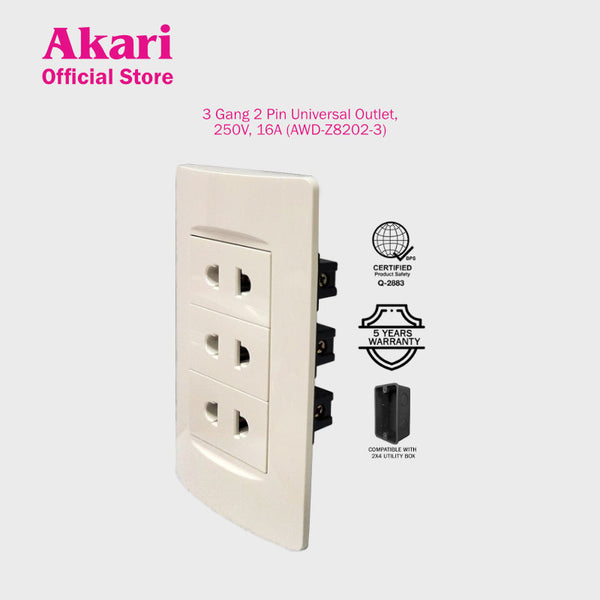 Akari 3 Gang 2 Pin Universal Outlet (AWD-Z8202-3)