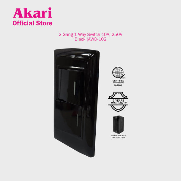 Akari 2 Gang 1 Way Switch - Black (AWD-102BI)