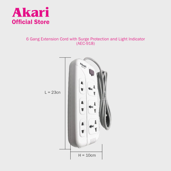 Akari 6 Gang Extension Cord with Surge Protection and Light Indicator (AEC-918)
