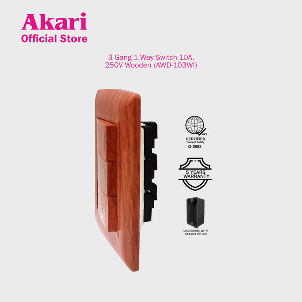 Akari 3 Gang 1 Way Switch - Wooden (AWD-103WI)