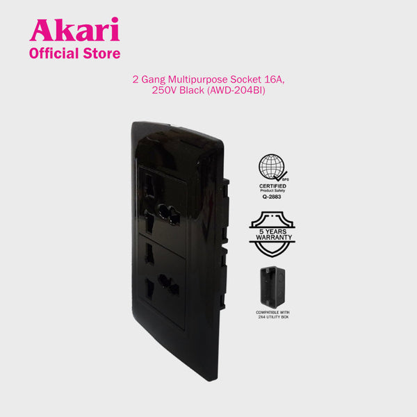 Akari 2 Gang Multipurpose Socket - Black (AWD-204BI)