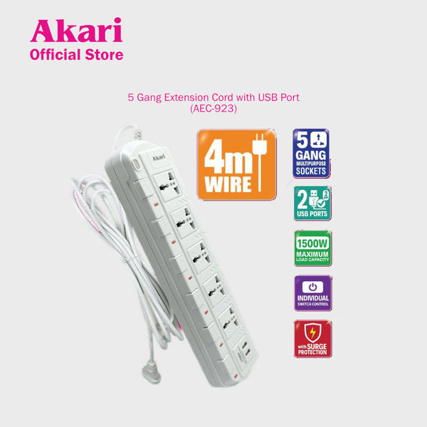 Akari 5 Gang Extension Cord with USB Port (AEC-923)