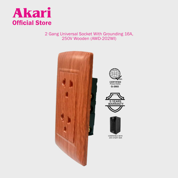 Akari 2 Gang Universal Socket With Grounding - Wooden (AWD-202WI)