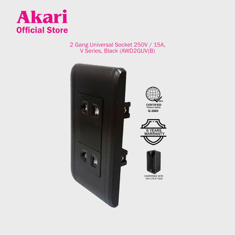 Akari 2 Gang Universal Socket 250V / 15A, V Series, Black (AWD2GUV(B)