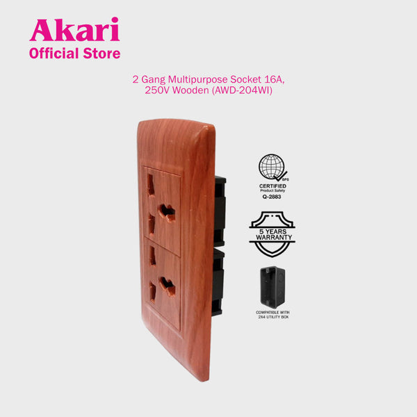 Akari 2 Gang Multipurpose Socket - Wooden (AWD-204WI)