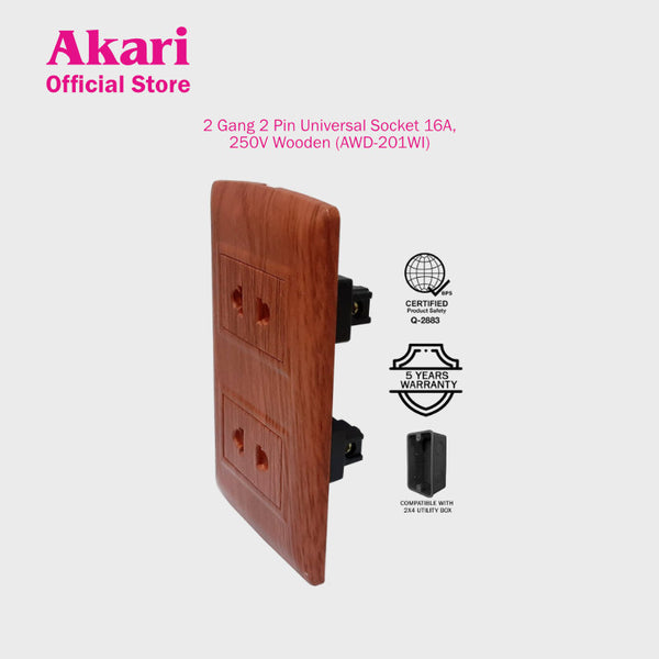 Akari 2 Gang 2 Pin Universal Socket - Wooden (AWD-201WI)